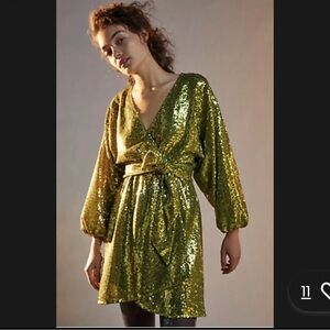 Anthropologie Lisabette Statement Sequined  Wrap Mini Dress - Chartreuse NWT
